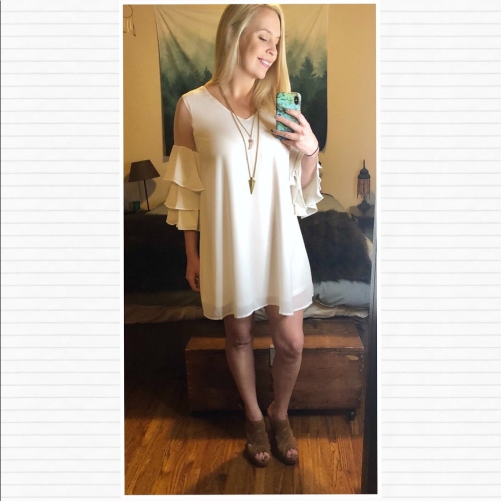 Ivory Sheer Shoulder Ruffle Swing Dress